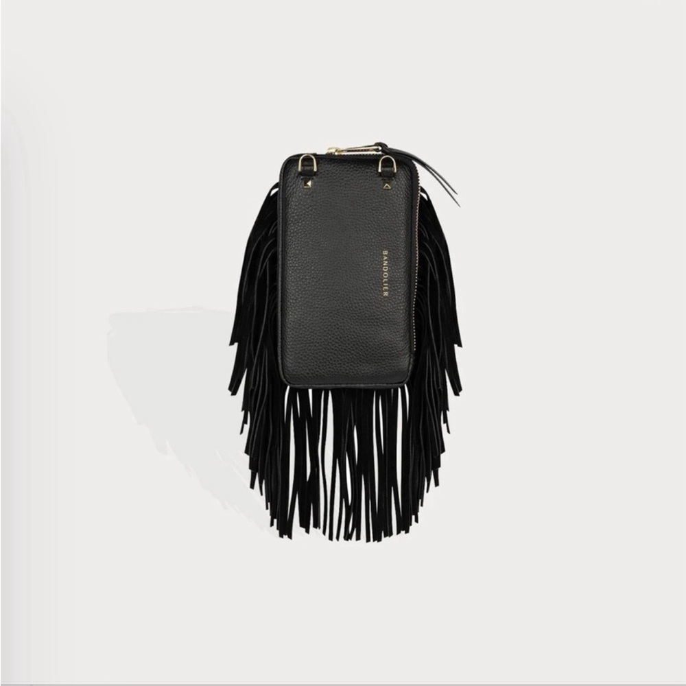 Bandolier Black Crossbody Bag with Fringe